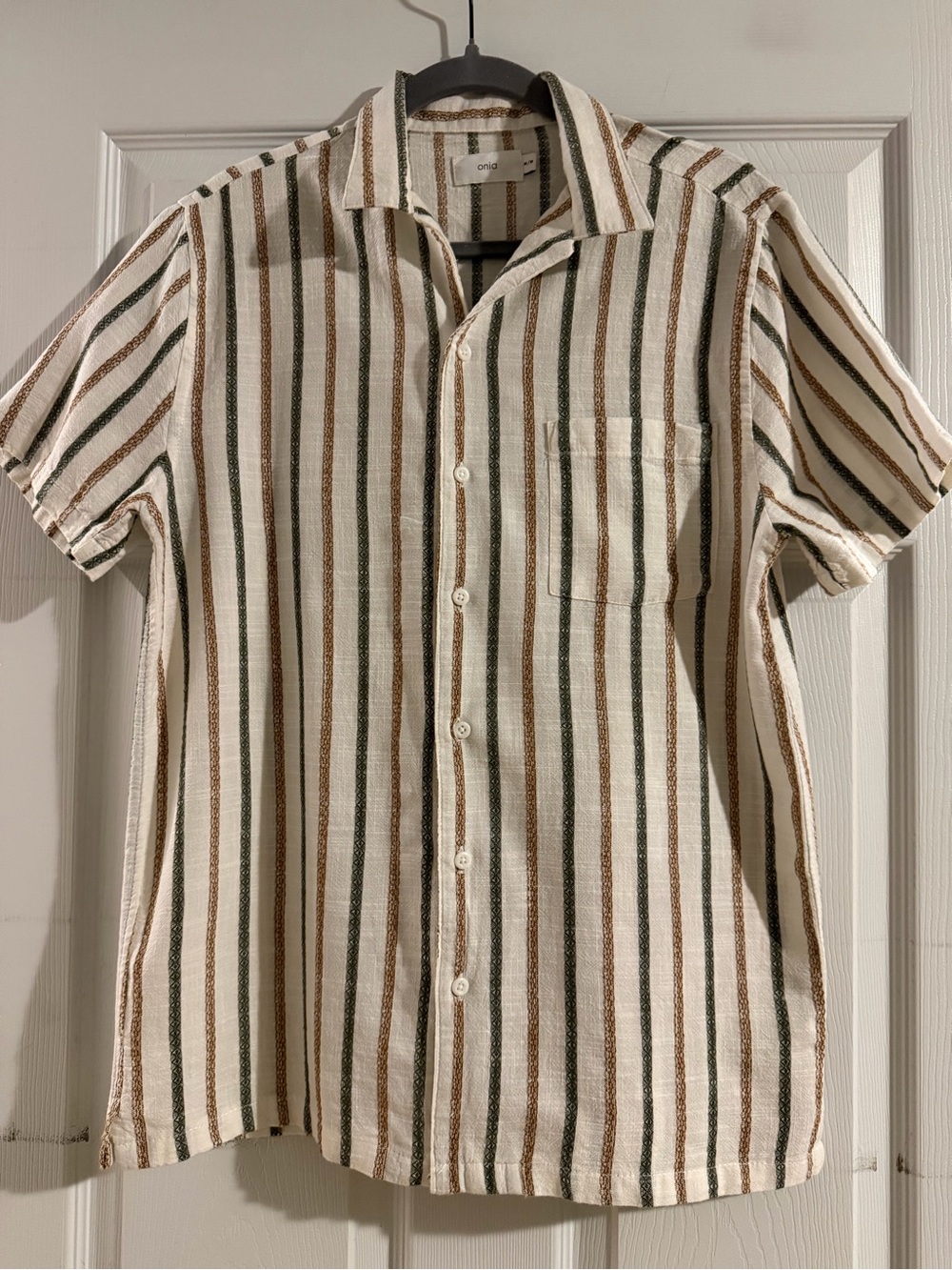 Onia Striped Linen-Blend Short Sleeve Shirt